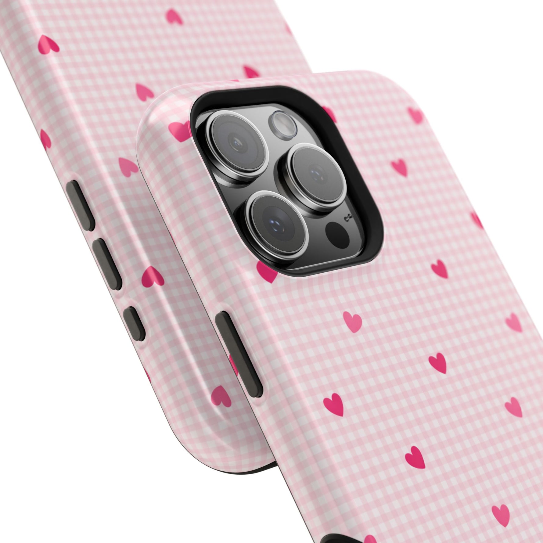 Pink Heart Gingham MagSafe iPhone Case, Impact‑Resistant, Magnetic Protection