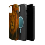 Phone with lion print protective case shown alongside black phone and gray internal case, illustrating size variant