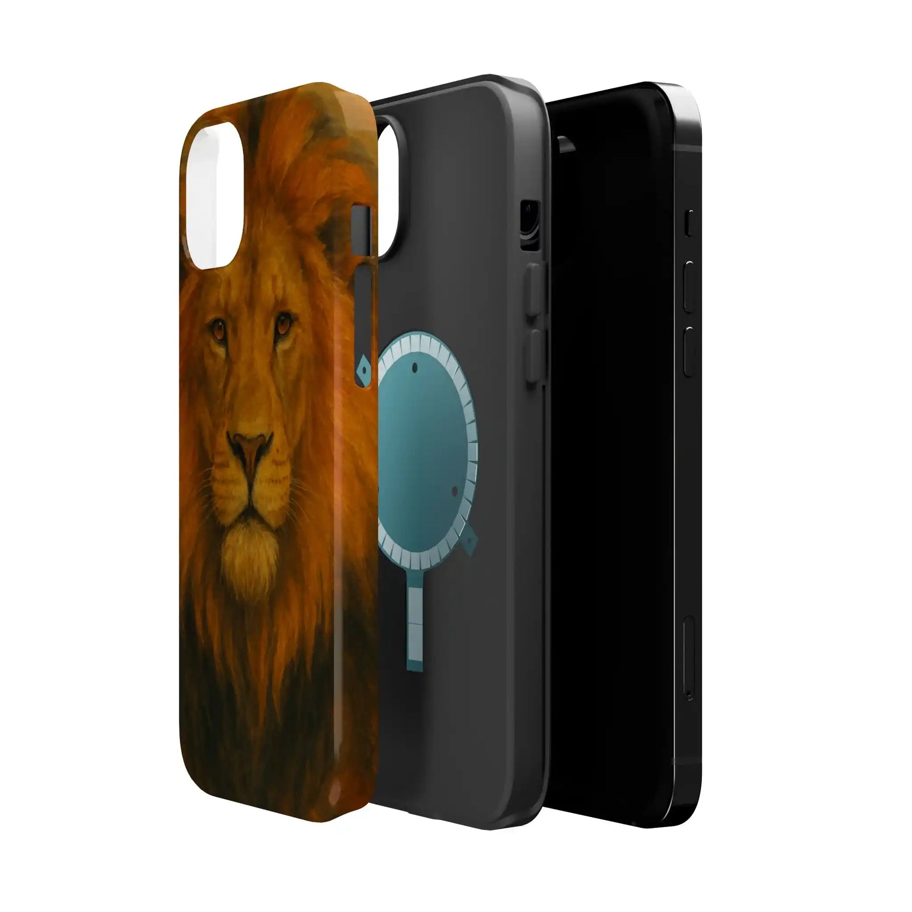 Phone with lion print protective case shown alongside black phone and gray internal case, illustrating size variant