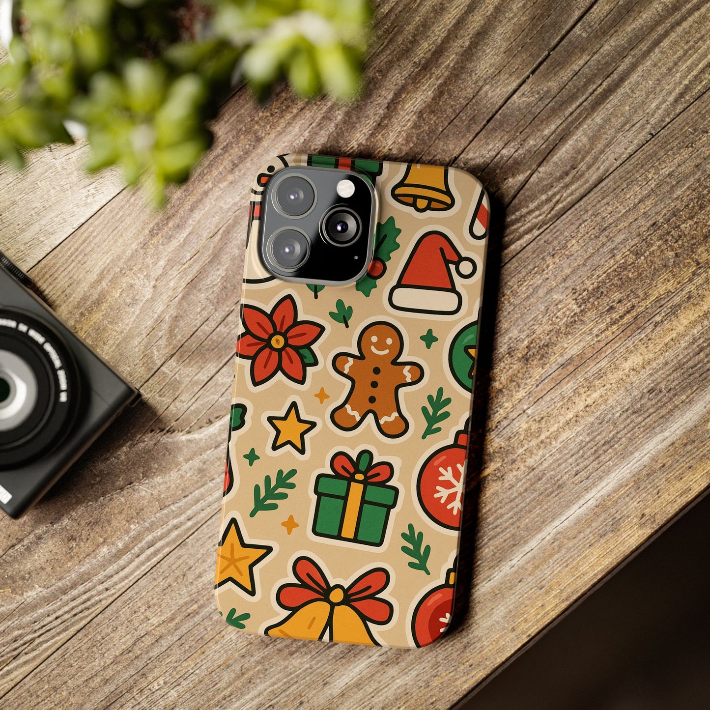 Holiday Pattern Slim iPhone Case — Gingerbread, Santa Hat & Gifts Holiday Design