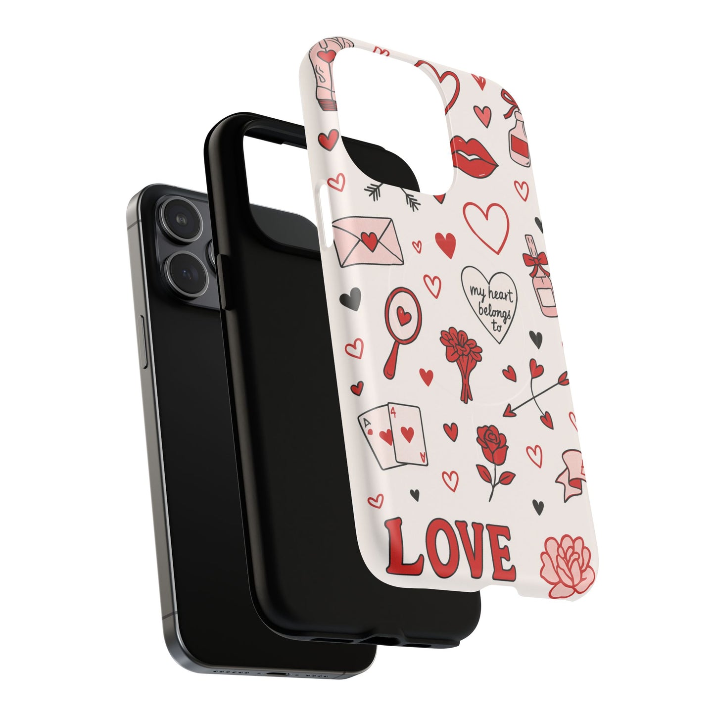 Romantic Love Doodle Tough iPhone Case ("LOVE", hearts, roses) (MagSafe compatible)