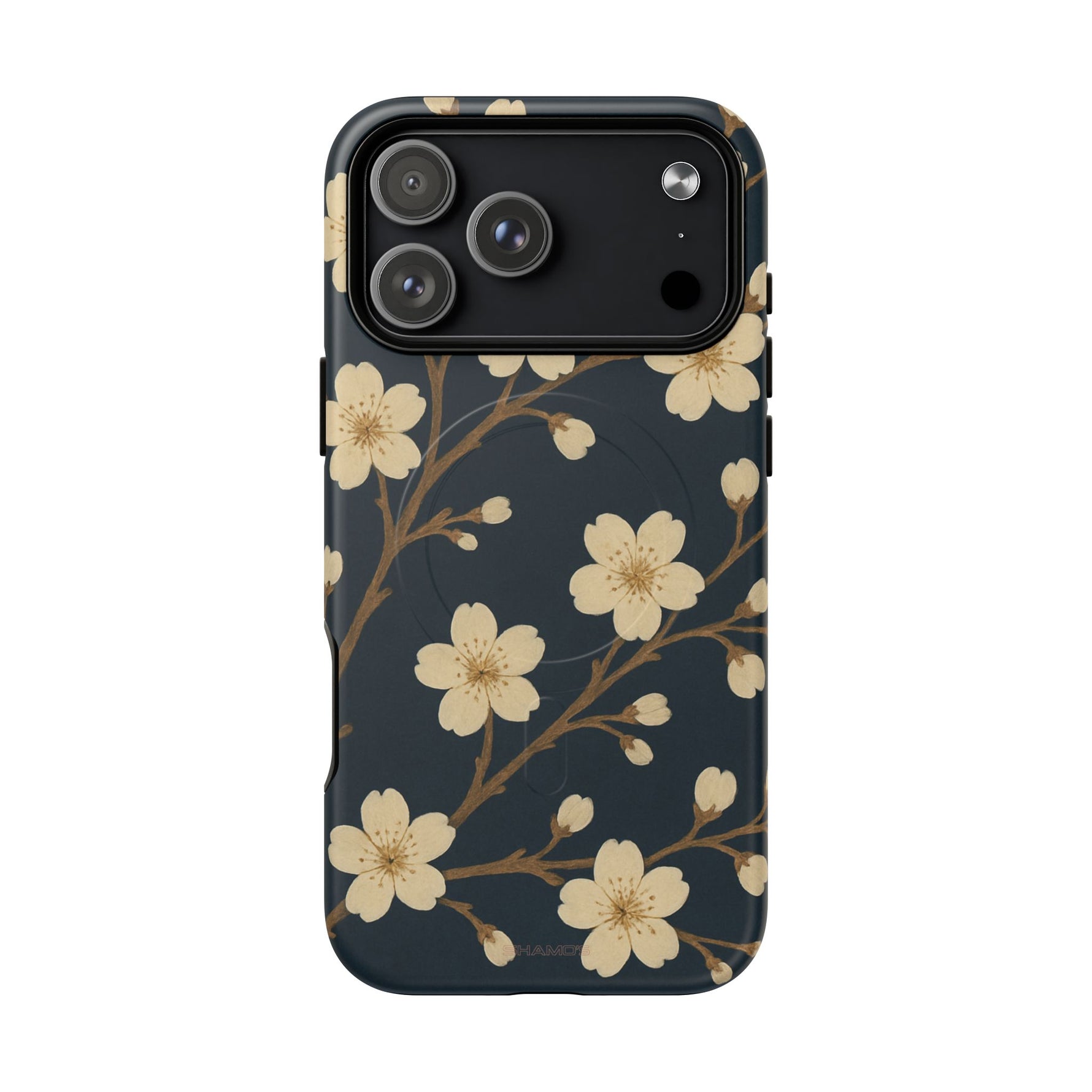 Navy Cherry Blossom Floral iPhone Case - Compatible with MagSafe