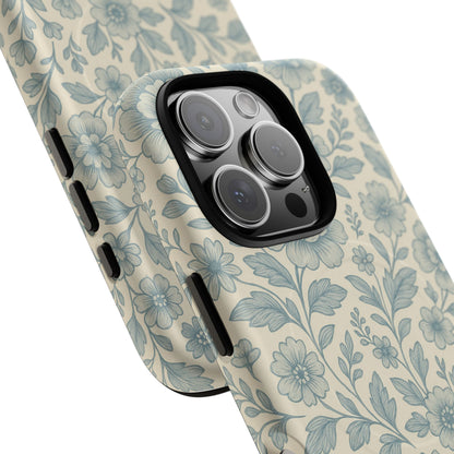 Vintage Blue Floral Tough Case for iPhone - Compatible with MagSafe