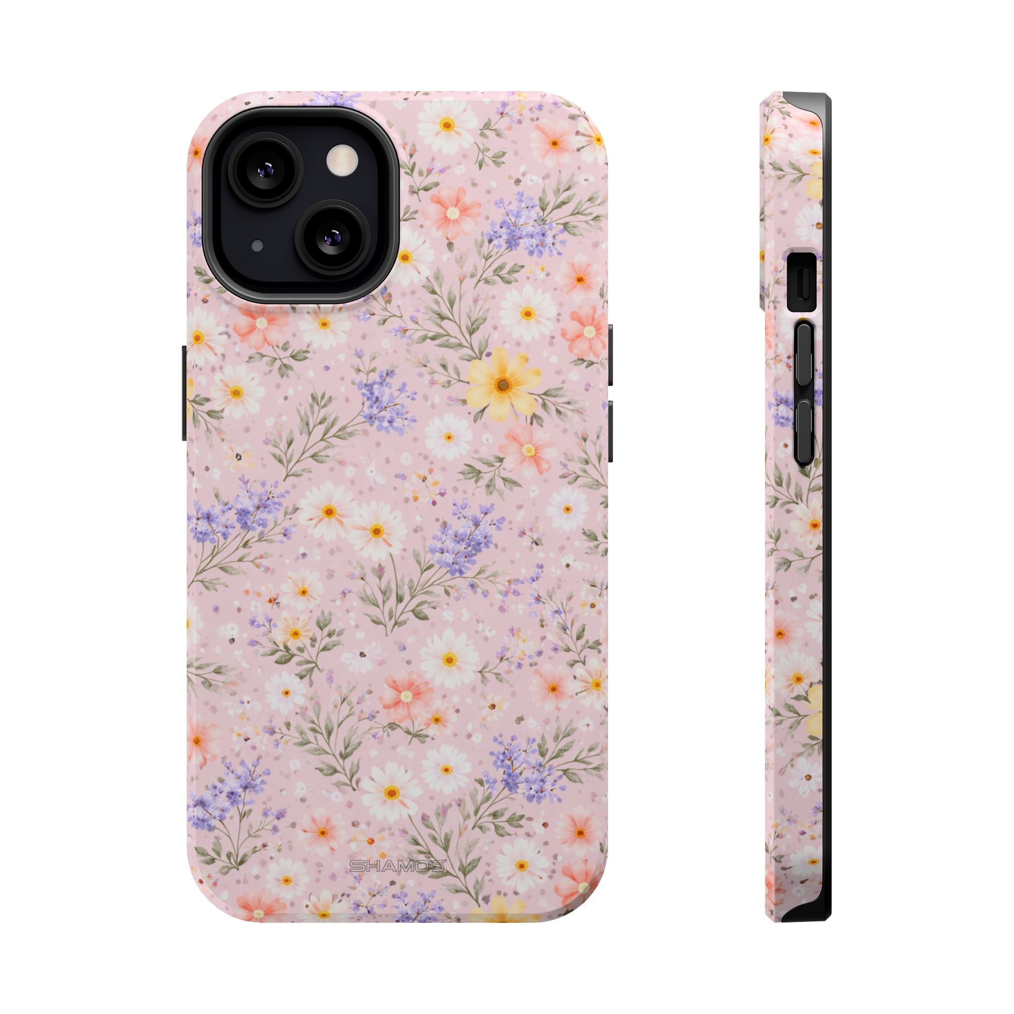 Phone case with a dense pastel pink, lavender, white, and yellow wildflower pattern