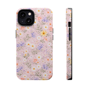 Phone case with a dense pastel pink, lavender, white, and yellow wildflower pattern