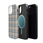 Ranch Check – Blue and Cream Plaid MagSafe Phone Case, glossy diagonal dual-camera model, exploded shell and liner with magnetic ring