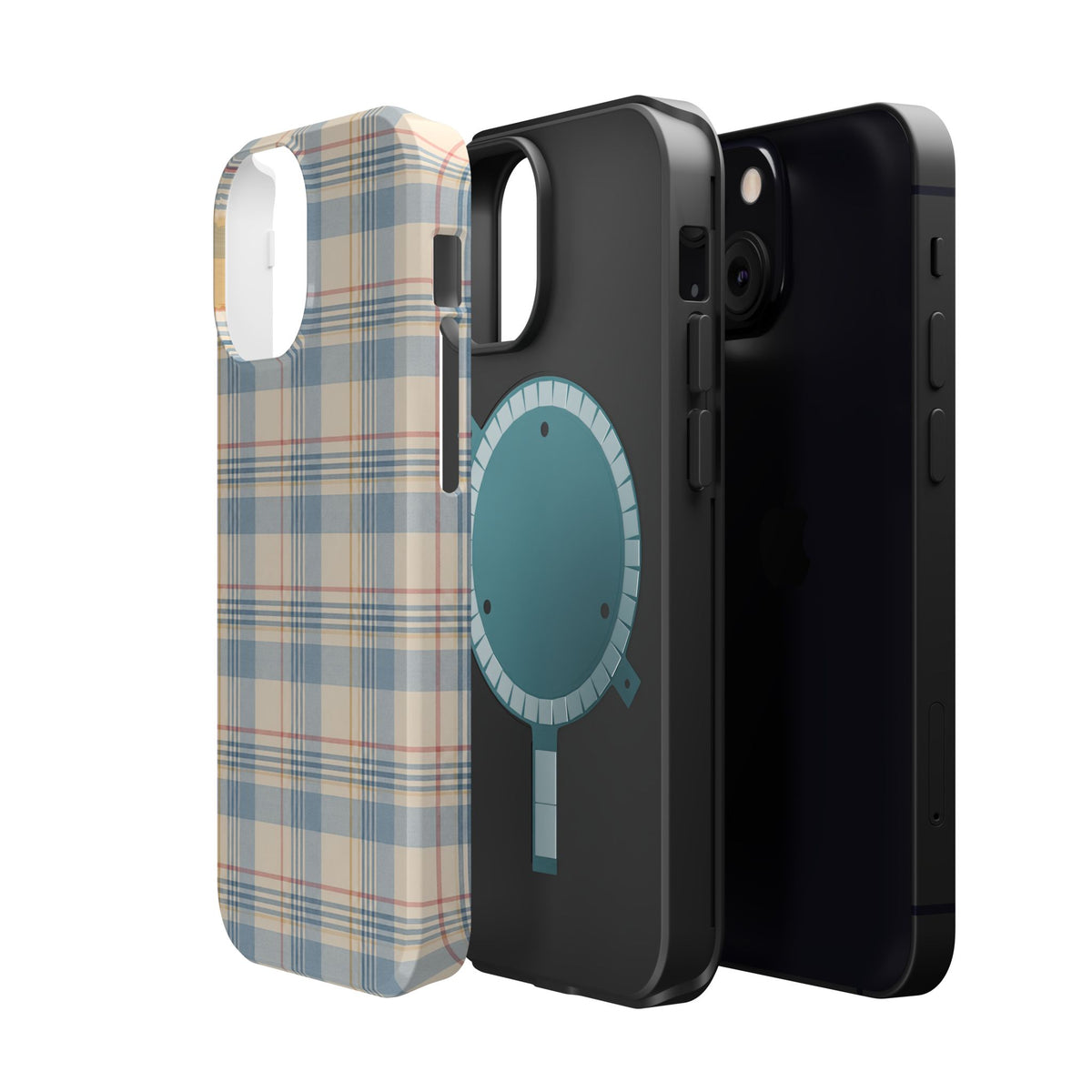 Ranch Check – Blue and Cream Plaid MagSafe Phone Case, glossy diagonal dual-camera model, exploded shell and liner with magnetic ring