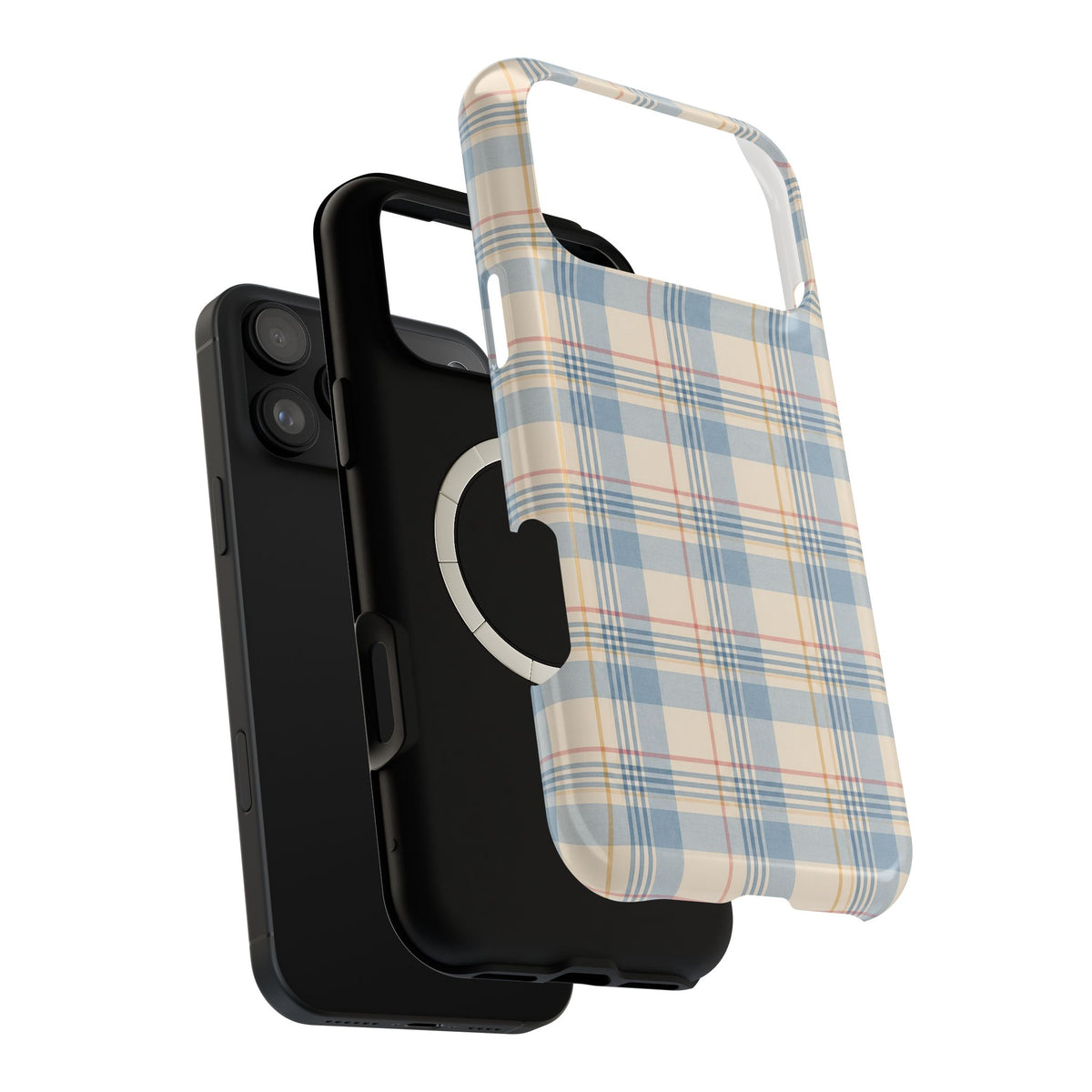 Ranch Check – Blue and Cream Plaid MagSafe Phone Case, glossy wide-camera Pro Max model, exploded shell and liner with magnetic ring
