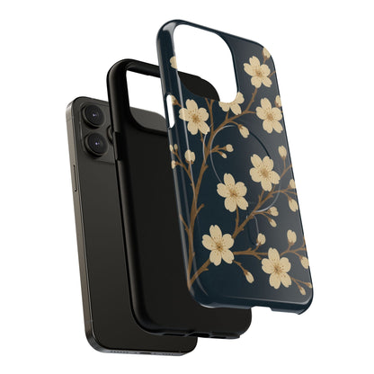 Navy Cherry Blossom Floral iPhone Case - Compatible with MagSafe
