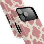 Rose Cowprint – Pink Cow Print MagSafe Phone Case, glossy wide-camera Pro Max model, camera and side-button close-up