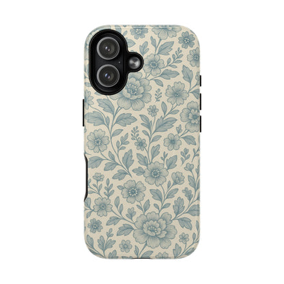 Vintage Blue Floral Tough Case for iPhone - Compatible with MagSafe