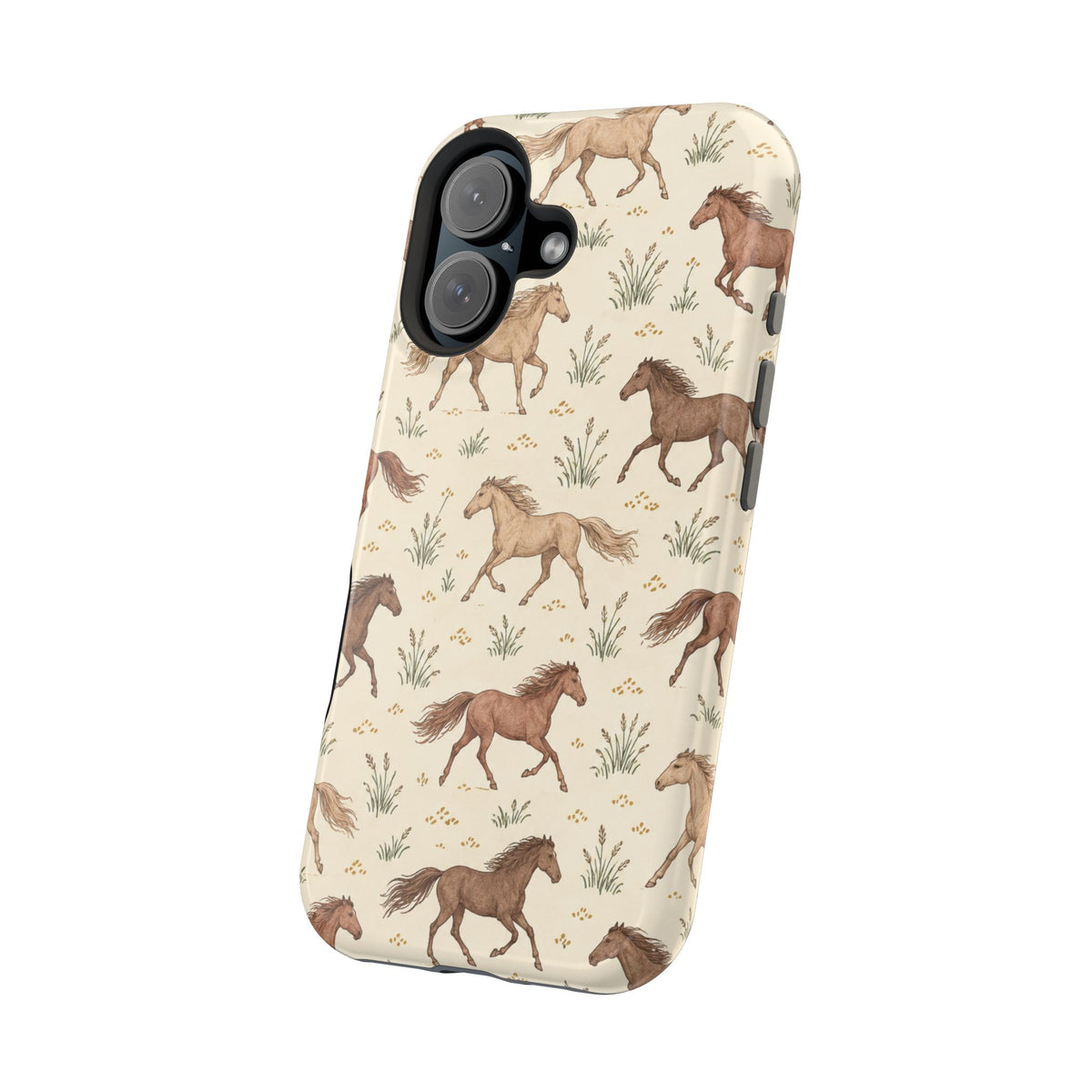 Wild Mustangs – Western Horse Pattern MagSafe Phone Case, glossy vertical dual-camera model, angled rear view