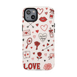 Romantic Love Doodle Tough iPhone Case ("LOVE", hearts, roses) (MagSafe compatible)  Shamo's iPhone 14 Plus / Matte