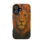 iPhone 13 case with large detailed lion face print, showing variant size and dual camera cutout