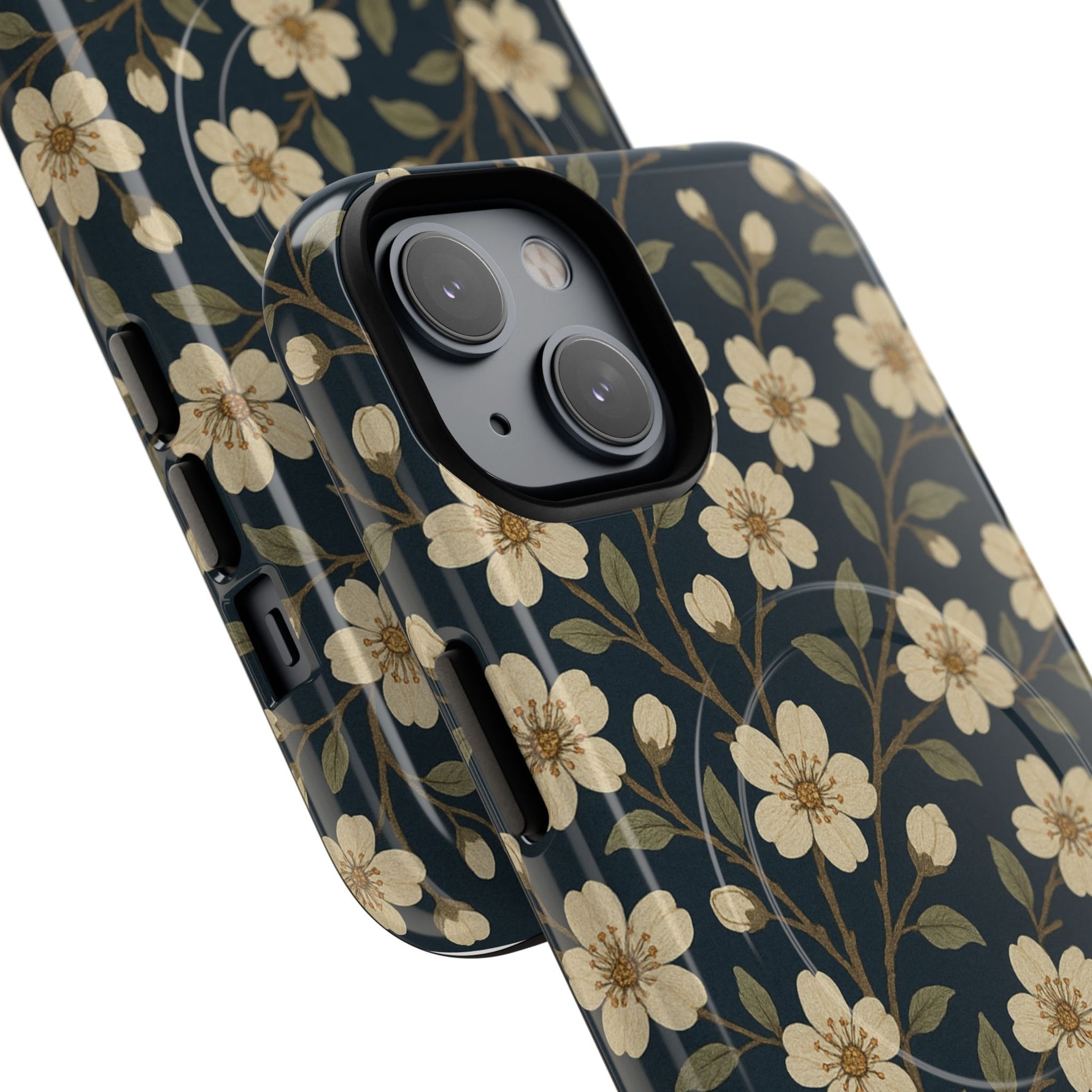 Navy Cherry Blossom Floral iPhone Case - Compatible with MagSafe - Shamo's