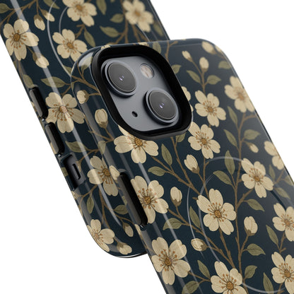 Navy Cherry Blossom Floral iPhone Case - Compatible with MagSafe