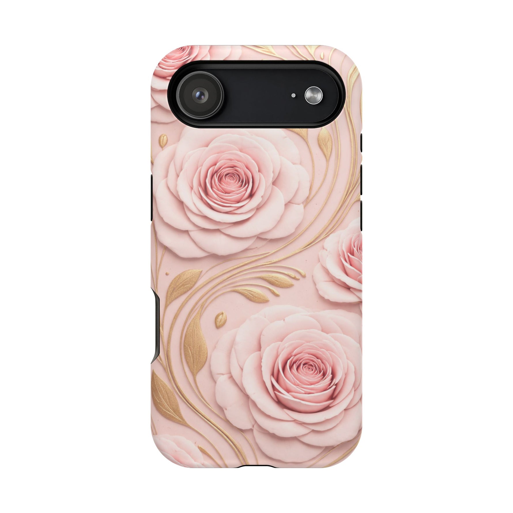 Floral Pink Rose MagSafe iPhone Case, Gold Leaf Magnetic Impact-Resistant