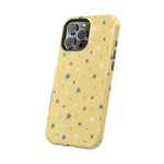 Prairie Stars – Yellow and Blue Star MagSafe Phone Case, glossy square triple-camera Pro model, angled rear view