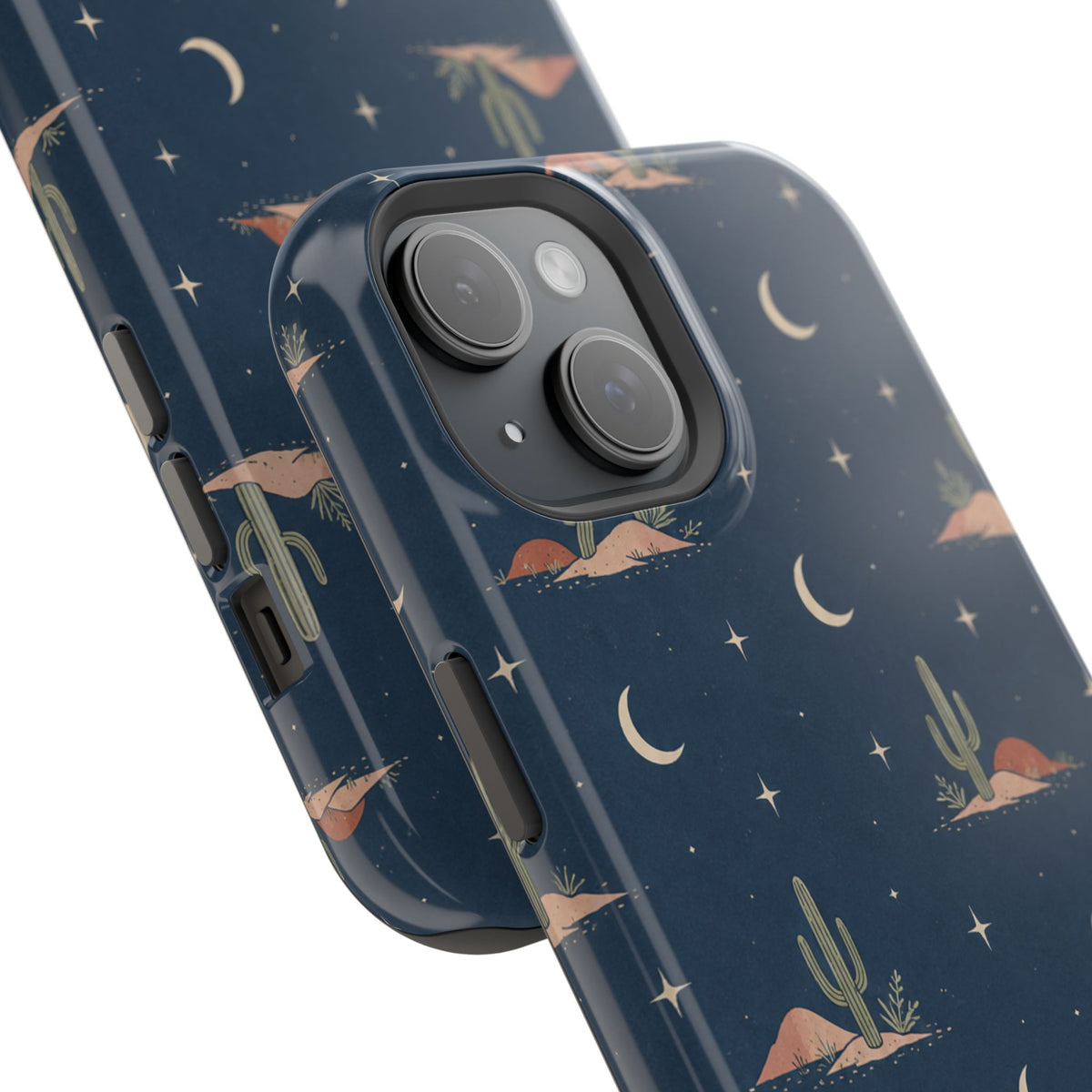 Desert Moon MagSafe Phone Case, glossy diagonal dual-camera model, camera and side-button close-up