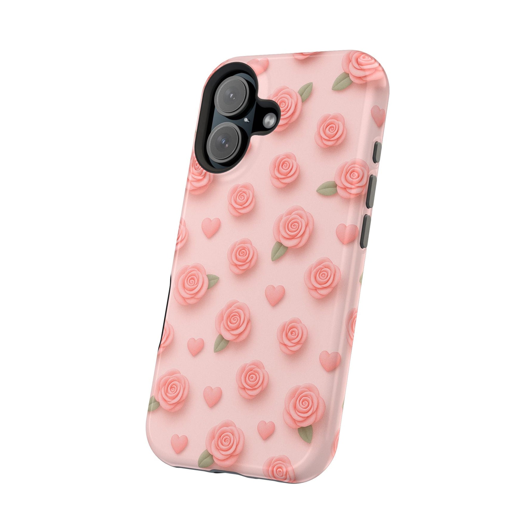 Pink Rose Pattern Impact iPhone Case — Floral Hearts Protective Cover (MagSafe compatible)  Shamo's