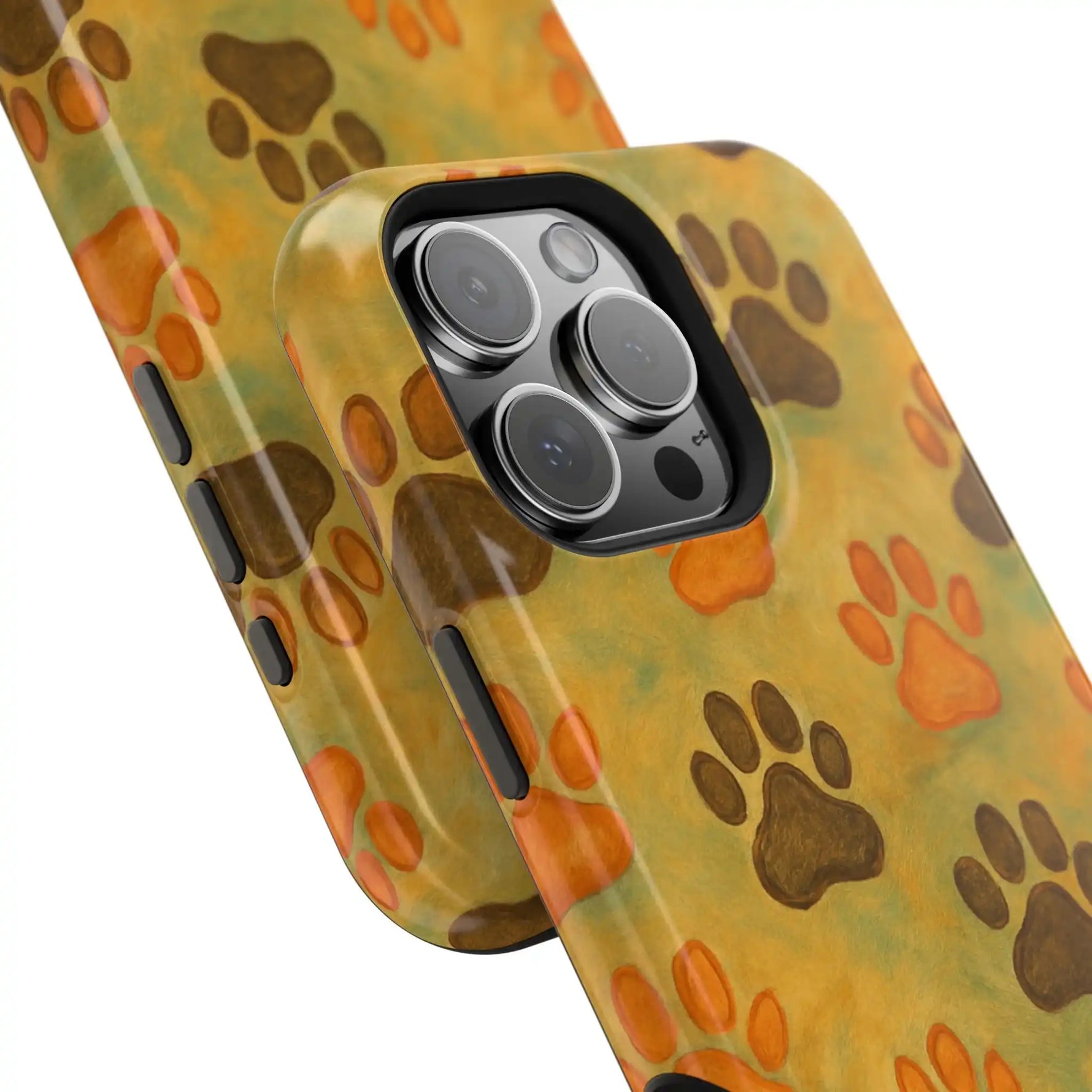 Two size variants of yellow phone cases with brown and orange paw print pattern for iPhone