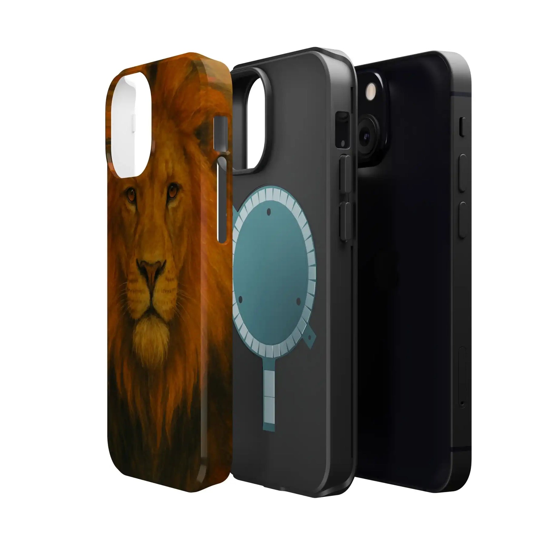 Three variant size phone cases with designs including a realistic lion face and a blue circular device icon