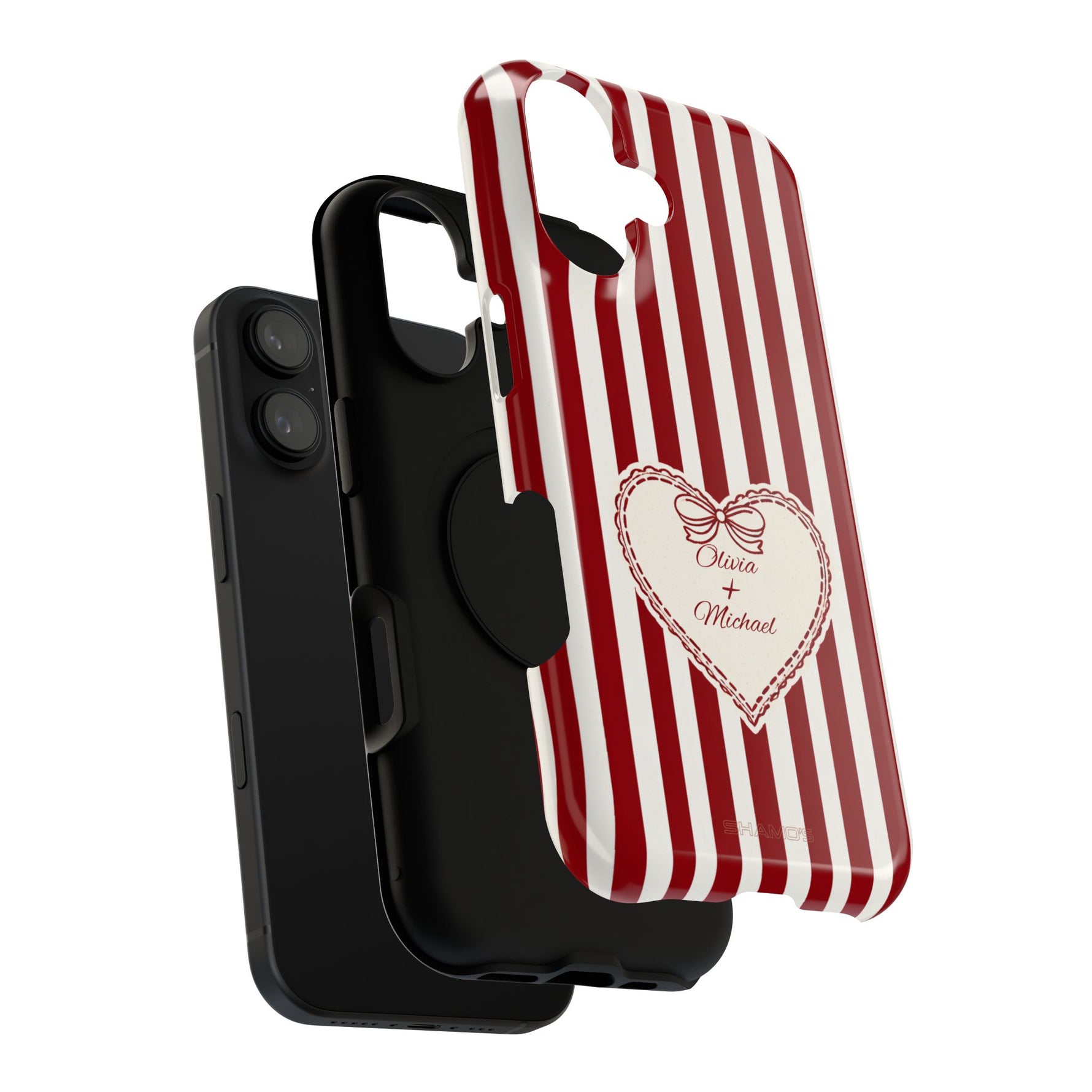Funda personalizada a rayas — Diseño de corazón rojo y blanco (nombres personalizados)