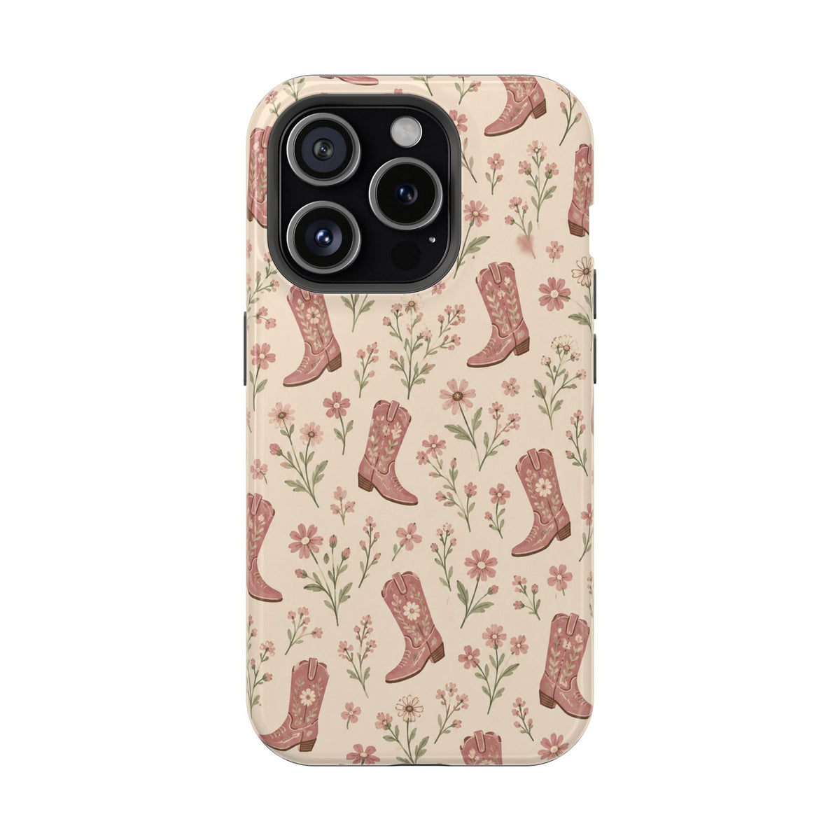 Floral Boots MagSafe Phone Case, glossy iPhone 15 Pro, rear view
