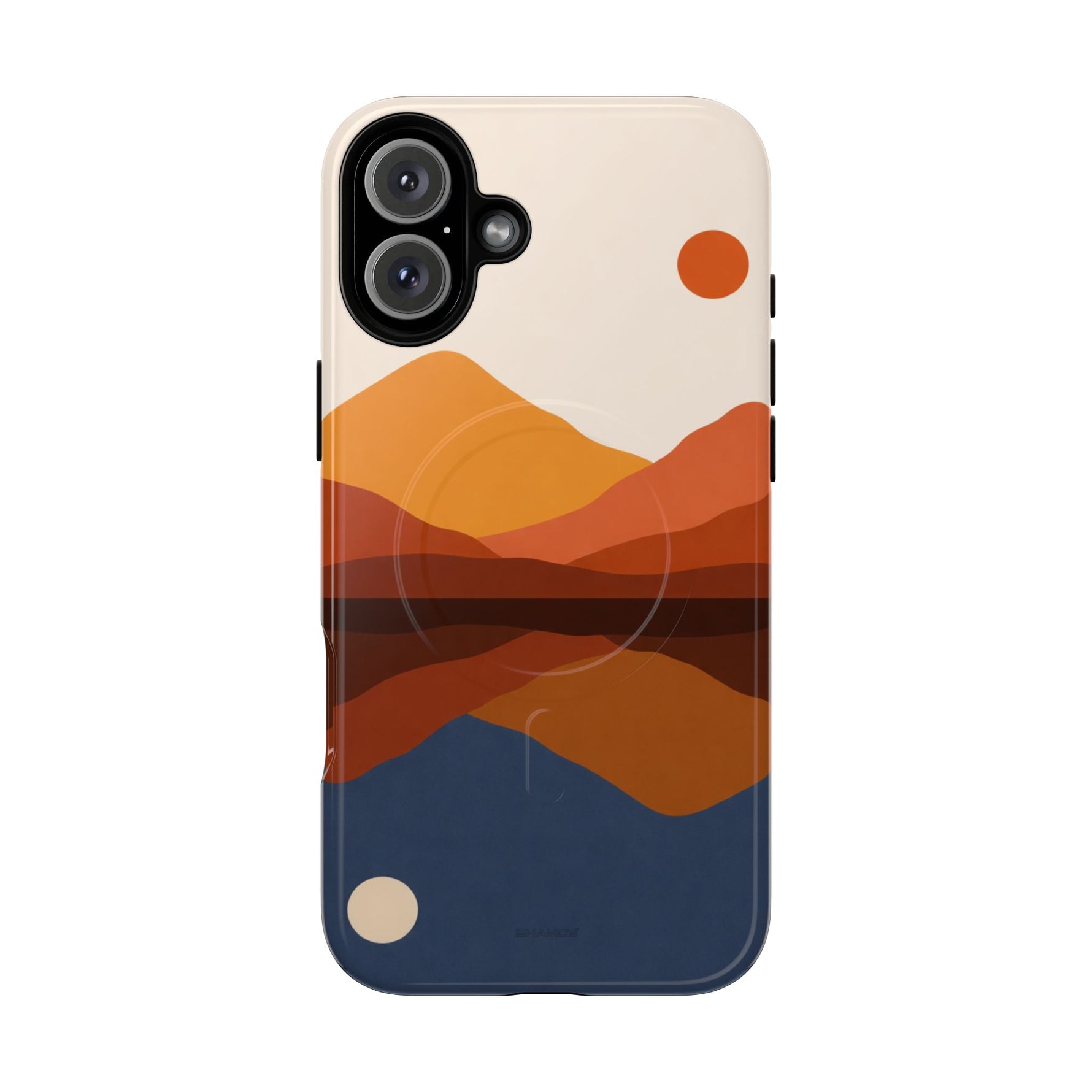 iPhone case with abstract mountain landscape design in orange, red, and blue colors, showing size variant