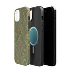 Golden Meadow – Sage Green Wildflower MagSafe Phone Case, glossy diagonal dual-camera model, exploded shell and liner with magnetic ring