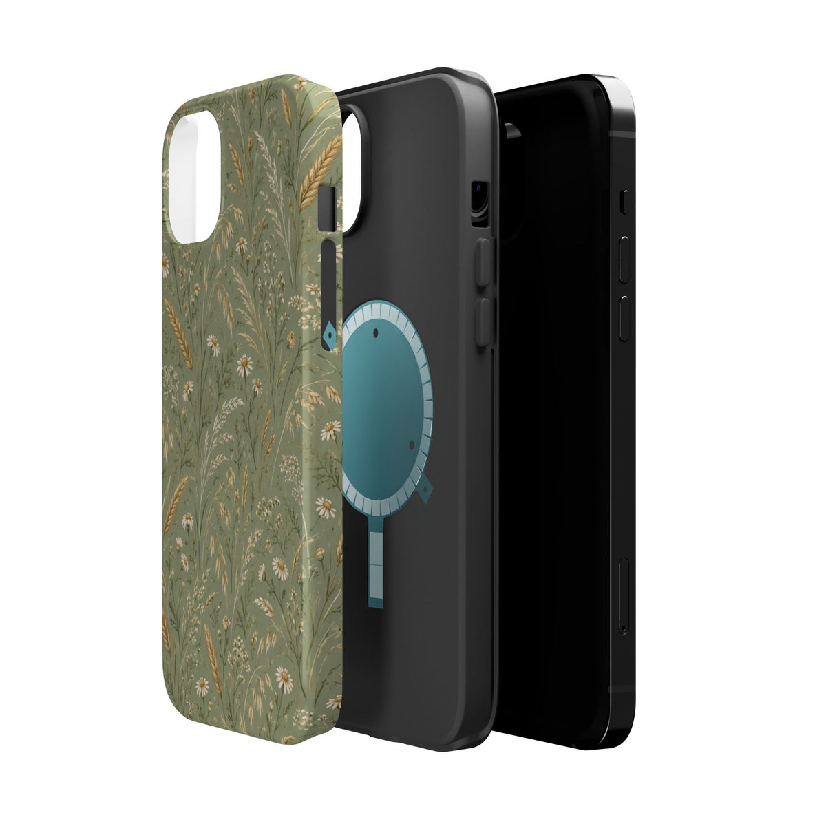 Golden Meadow – Sage Green Wildflower MagSafe Phone Case, glossy diagonal dual-camera model, exploded shell and liner with magnetic ring