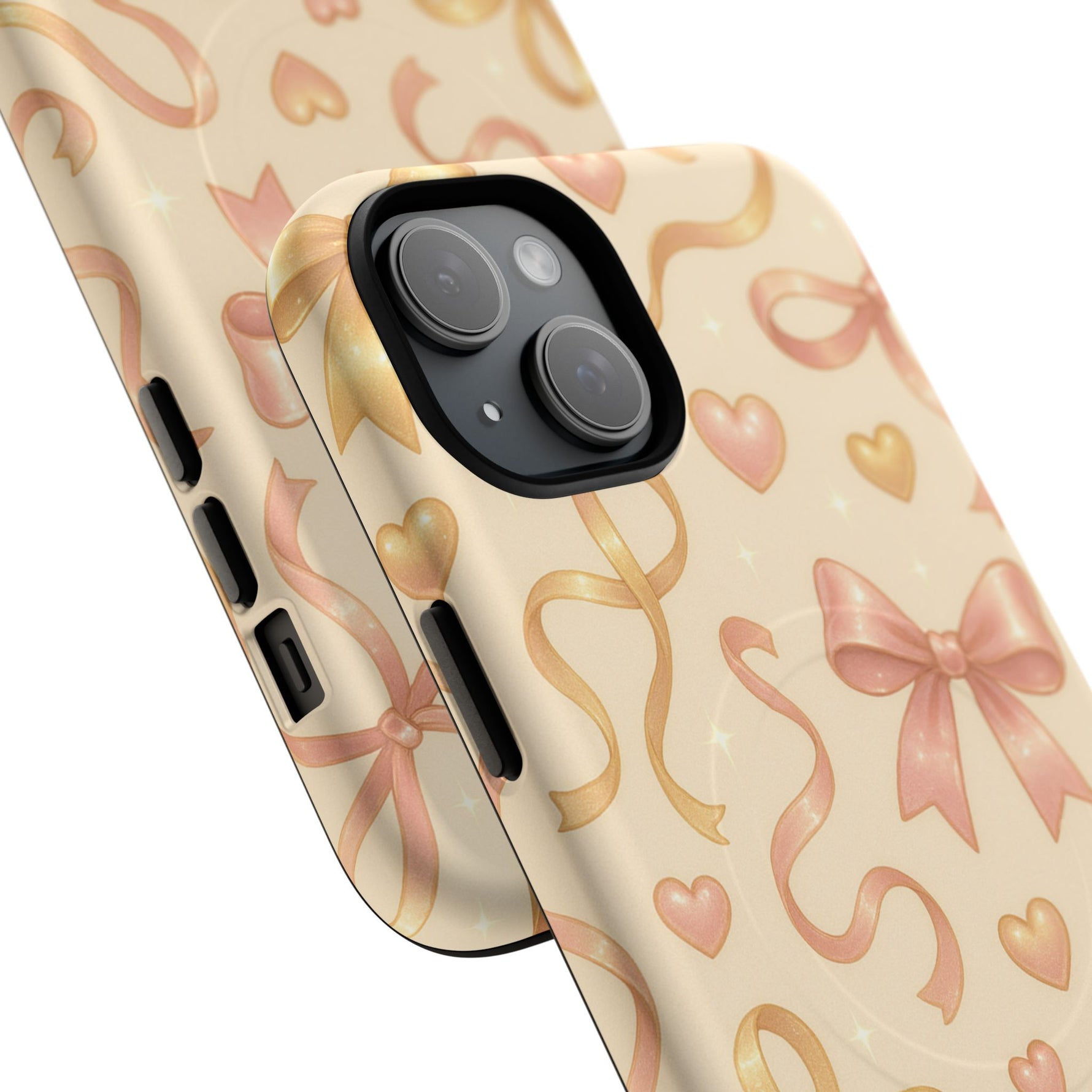 Festive Bow Charm iPhone Case — Pink & Gold Ribbon Hearts with MagSafe - Shamo's