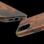 Close-up of two wood grain phone cases showing different size variants with precise cutouts for buttons and ports