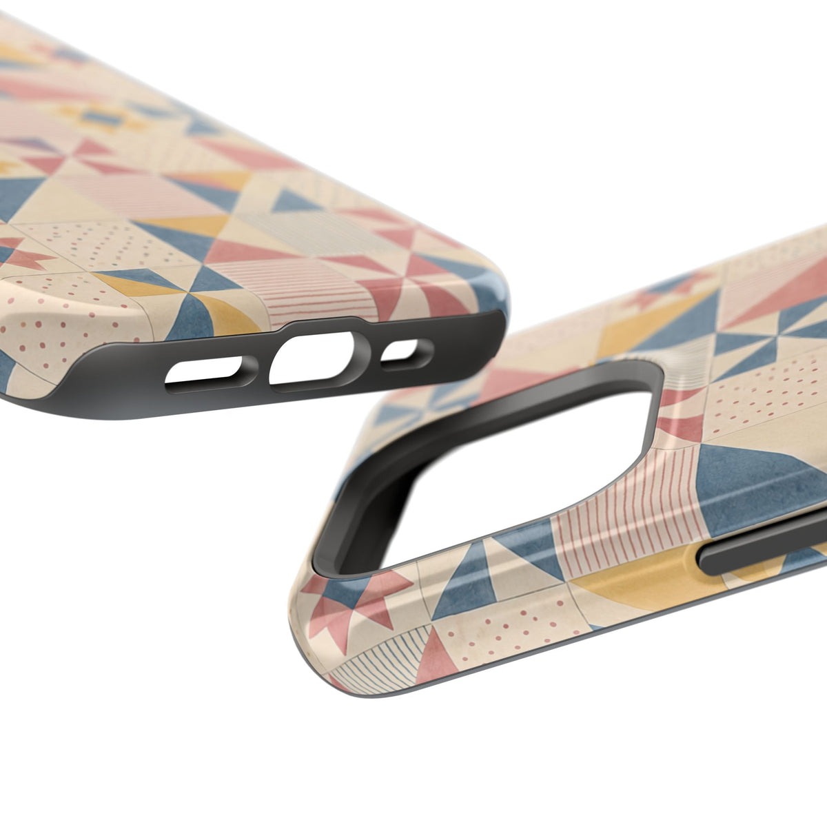 Prairie Quilt – Pastel Patchwork Pattern MagSafe Phone Case, glossy square triple-camera Pro model, port openings and edge details
