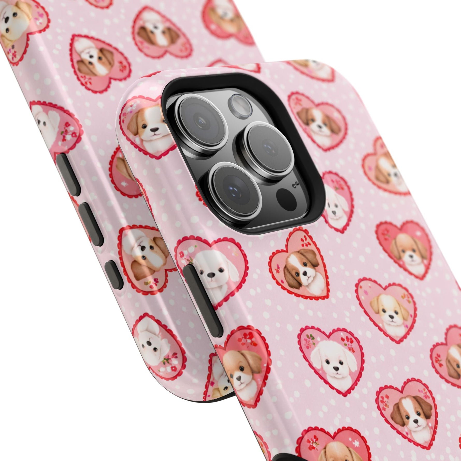 Pink Puppy Heart Pattern MagSafe Impact-Resistant iPhone Case, Valentine Phone Cover