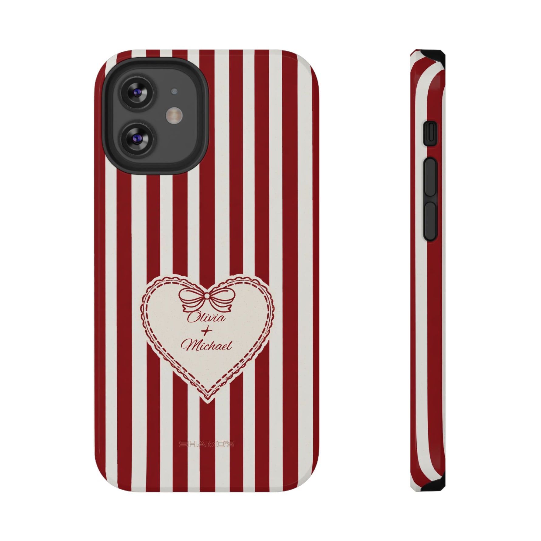 Funda personalizada a rayas — Diseño de corazón rojo y blanco (nombres personalizados)