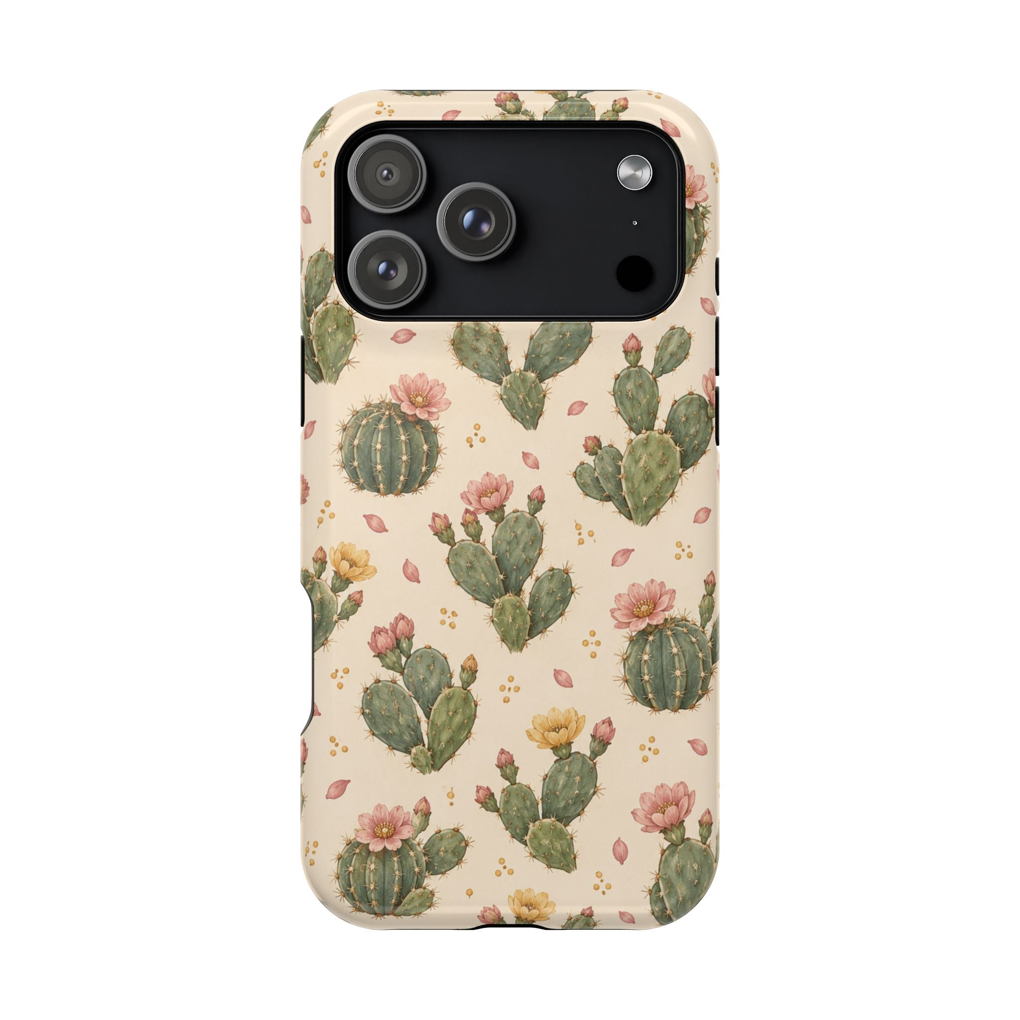 Cactus Bloom – Sage Green Floral Cactus MagSafe Phone Case, glossy iPhone 17 Pro Max, rear view