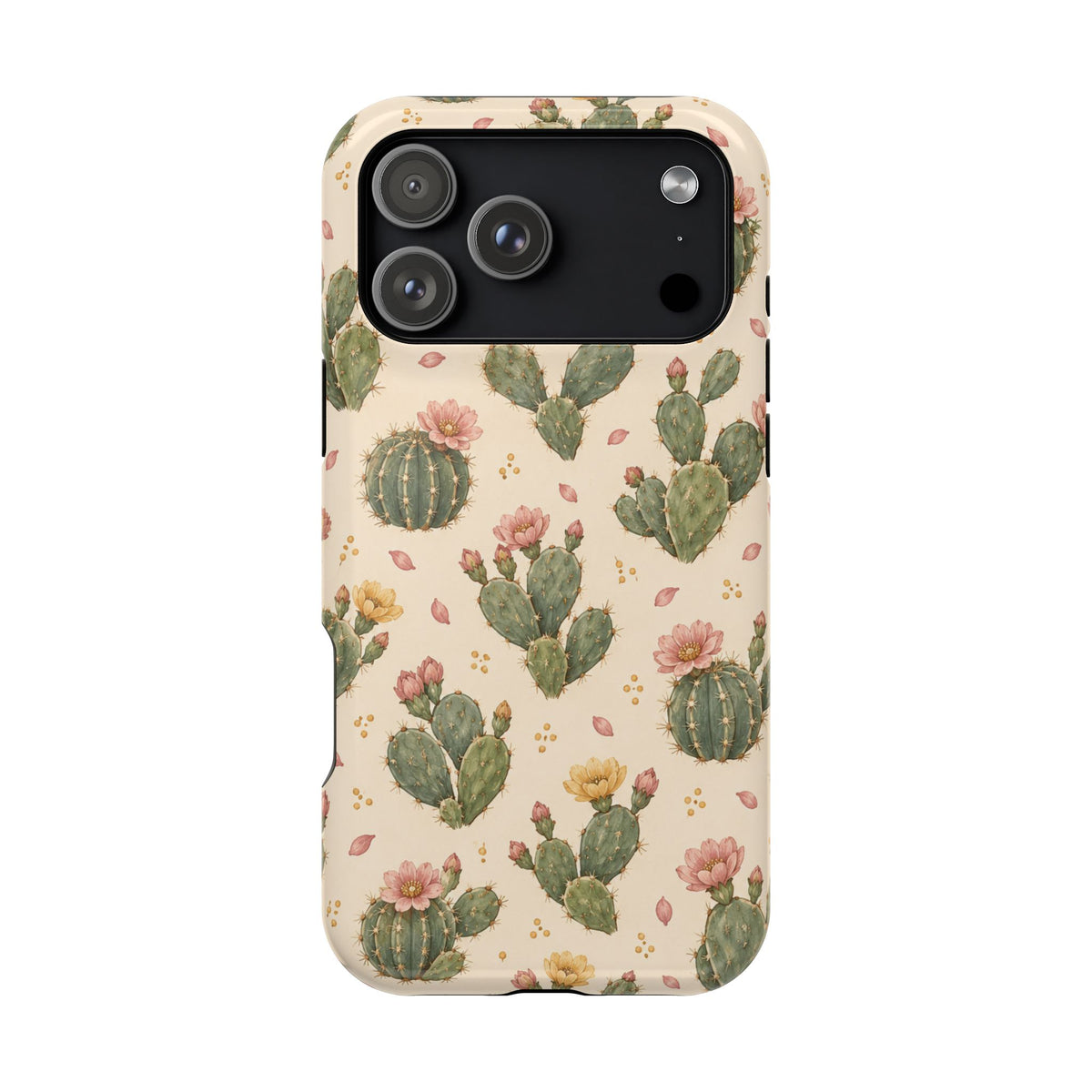Cactus Bloom – Sage Green Floral Cactus MagSafe Phone Case, glossy iPhone 17 Pro Max, rear view