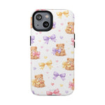 Phone case size XS with teddy bear and pastel bow pattern on white background