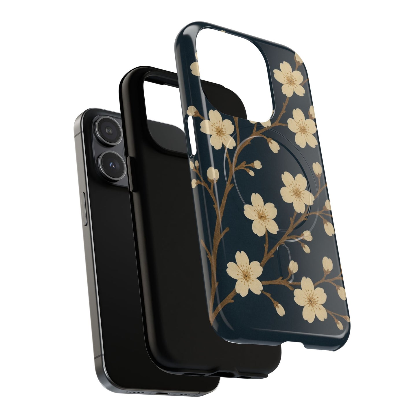 Navy Cherry Blossom Floral iPhone Case - Compatible with MagSafe