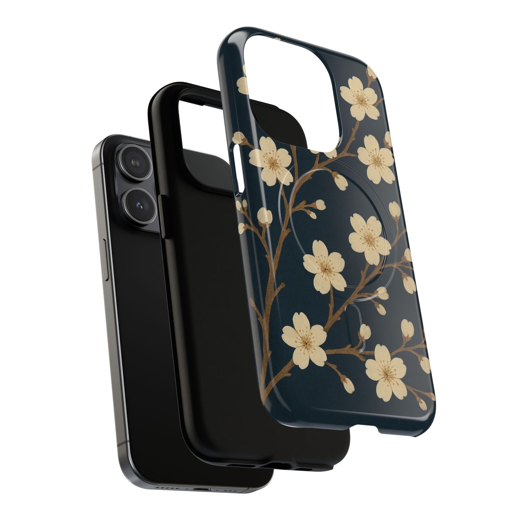 Navy Cherry Blossom Floral iPhone Case - Compatible with MagSafe - Shamo's