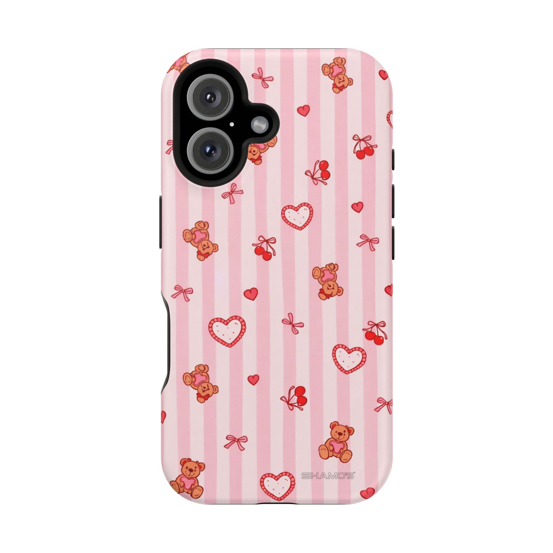 Pink Teddy Hearts Love iPhone Case, Impact-Resistant MagSafe Compatible