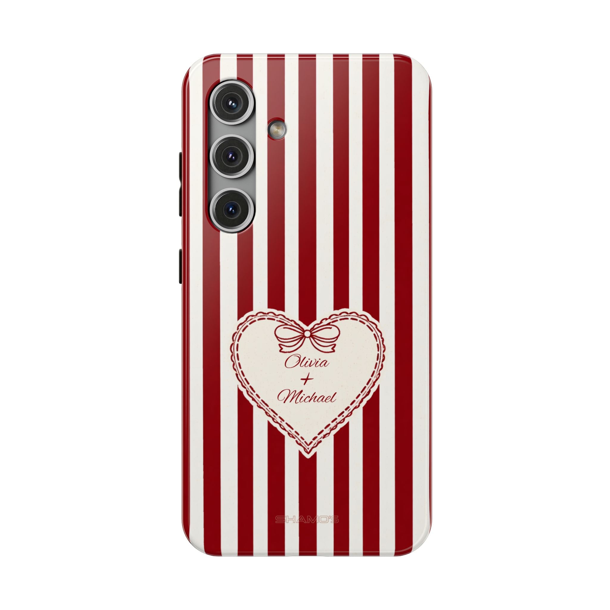 Phone case with red and white vertical stripes and a cream heart with a bow and names
