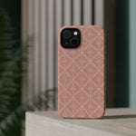 Meadow Lace – Blush Pink Lace Pattern MagSafe Phone Case, glossy diagonal dual-camera model, rear view on a tabletop