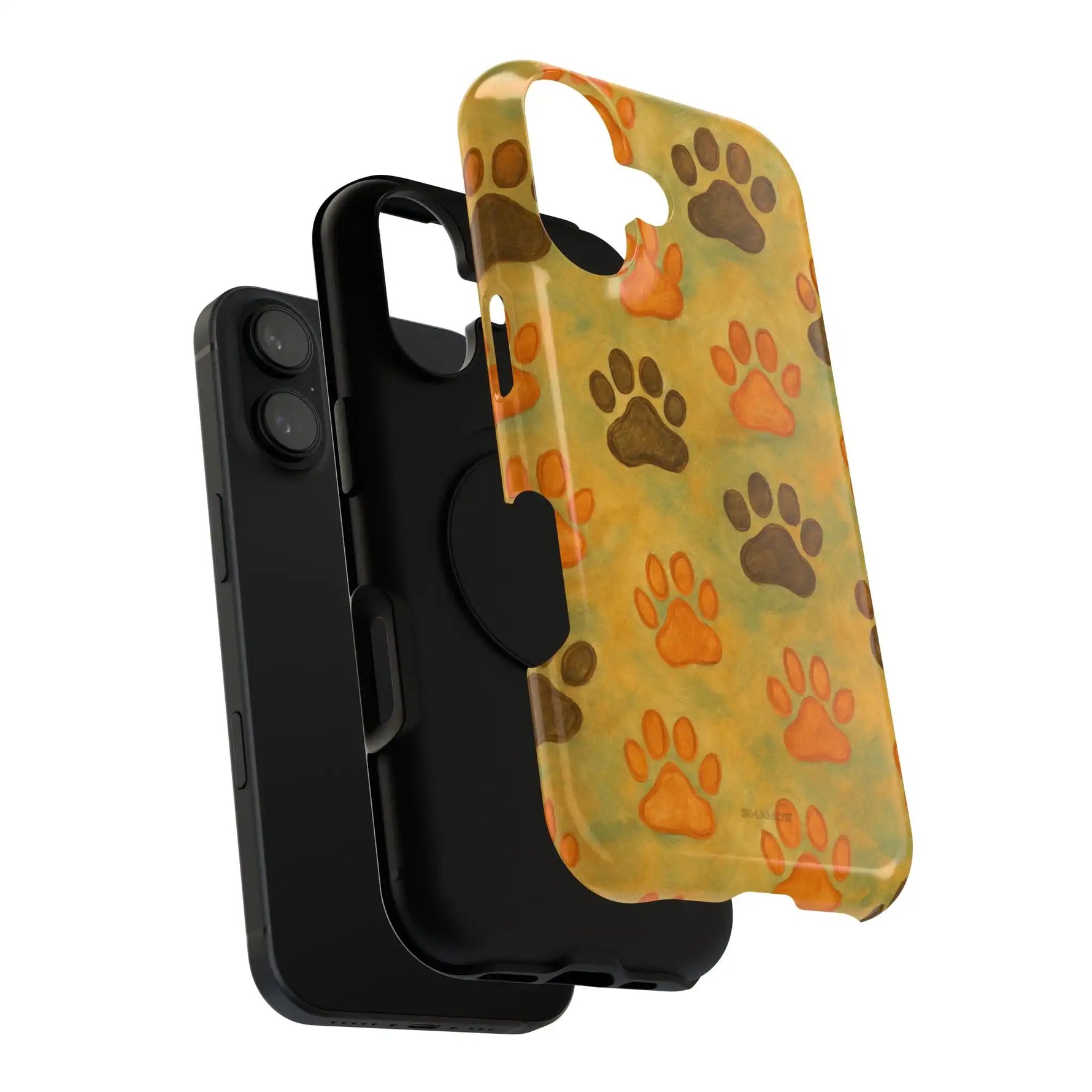 iPhone 13 with 6.1-inch black phone case and orange paw print design protective case variant