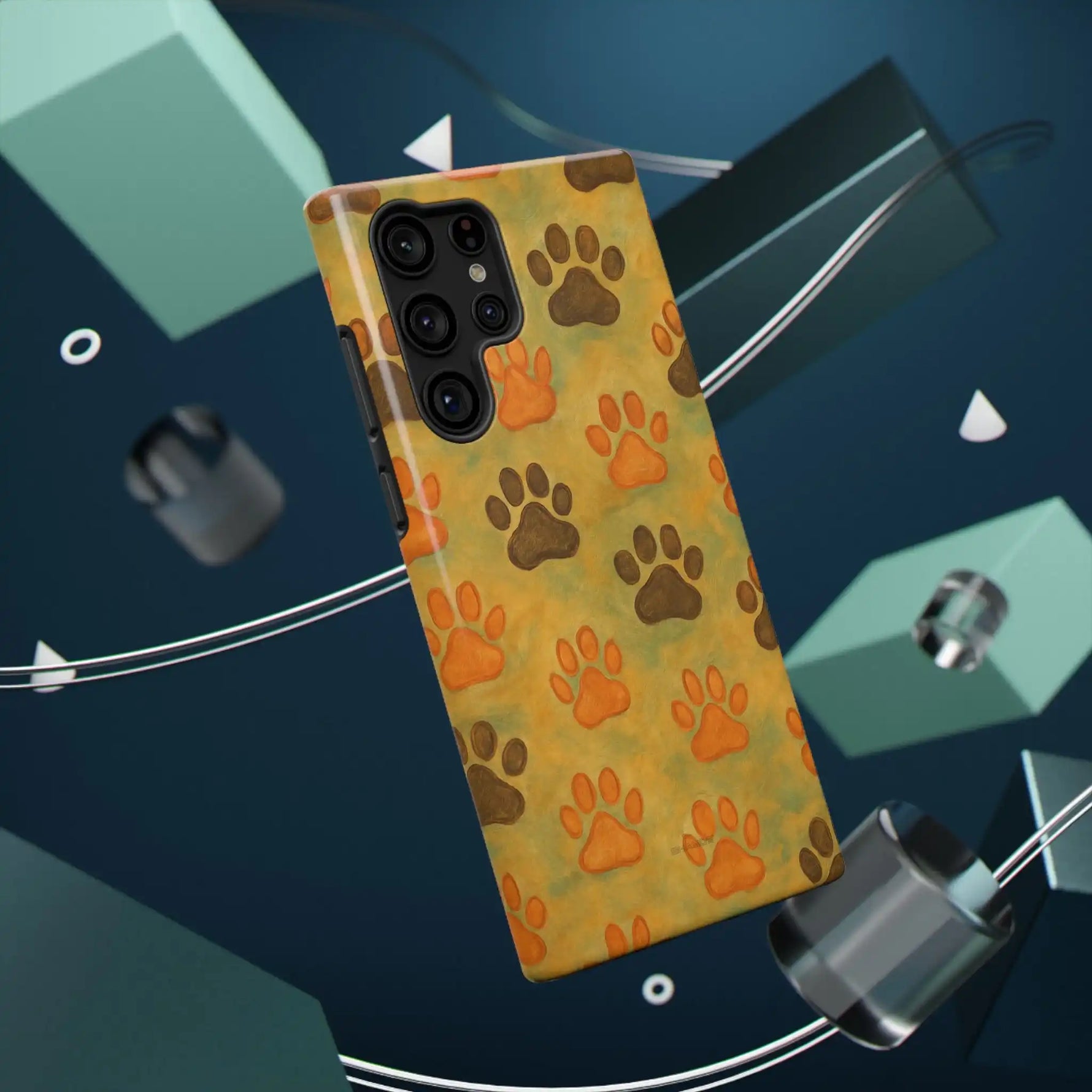 Smartphone case with small size featuring orange and dark brown paw prints on yellow background