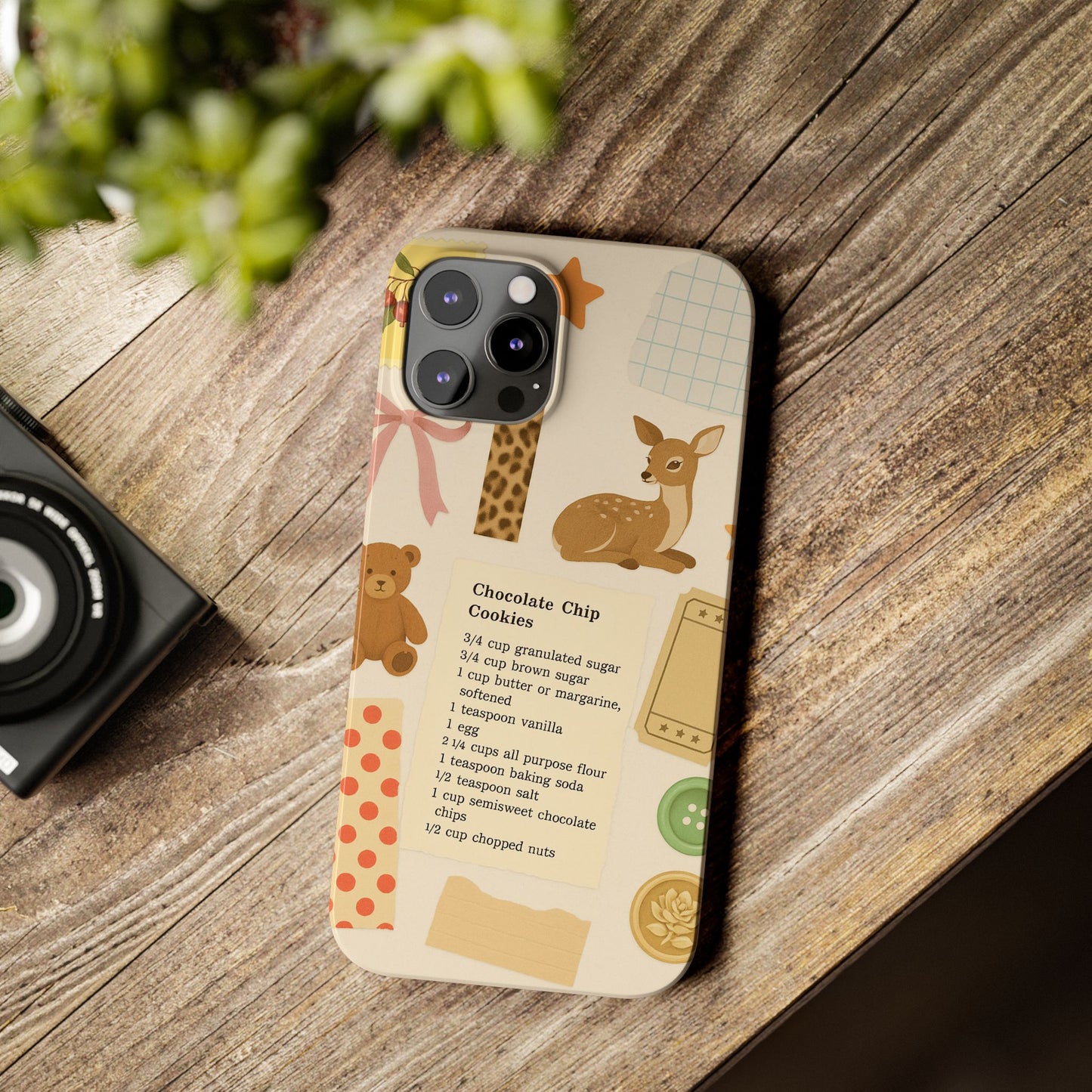 Slim iPhone Case — Cozy Baking & Teddy Pattern (Recipe, Deer, Buttons)