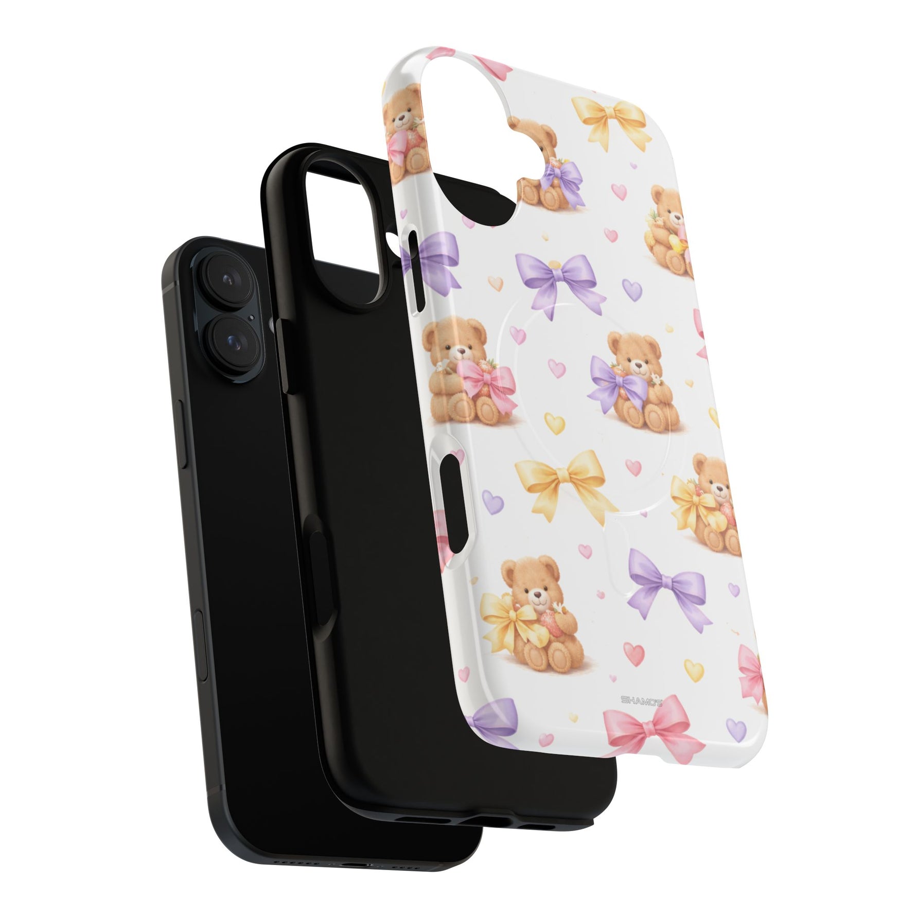 Black iPhone with two variant sizes of phone cases, including white case with teddy bear and bow pattern