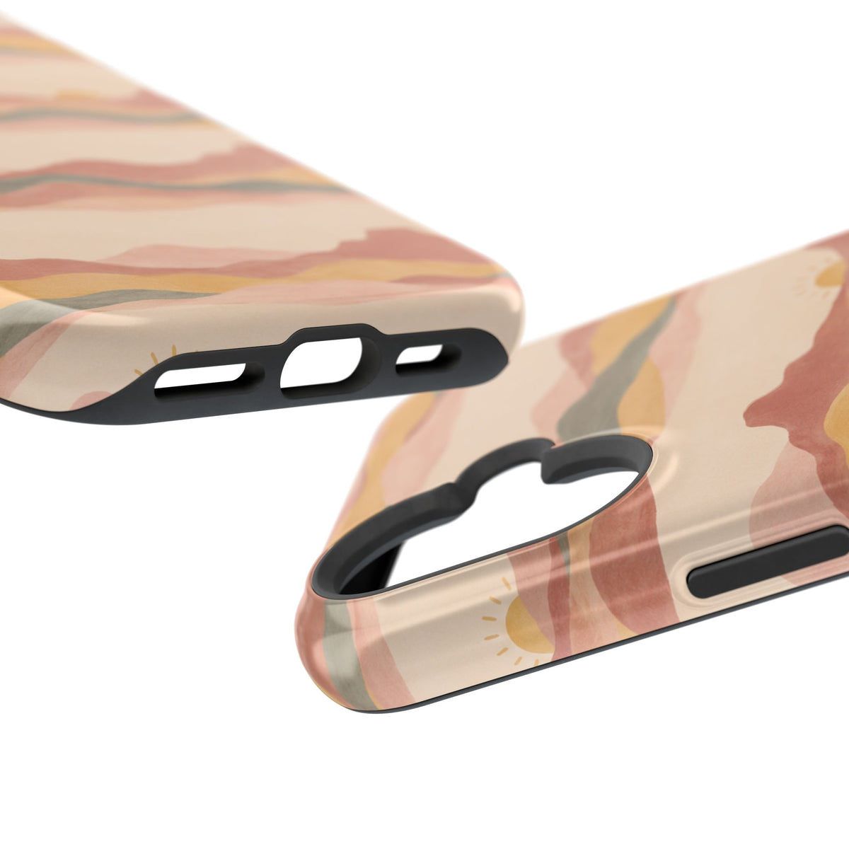 Sunset Trails – Desert Landscape MagSafe Phone Case, glossy vertical dual-camera model, port openings and edge details