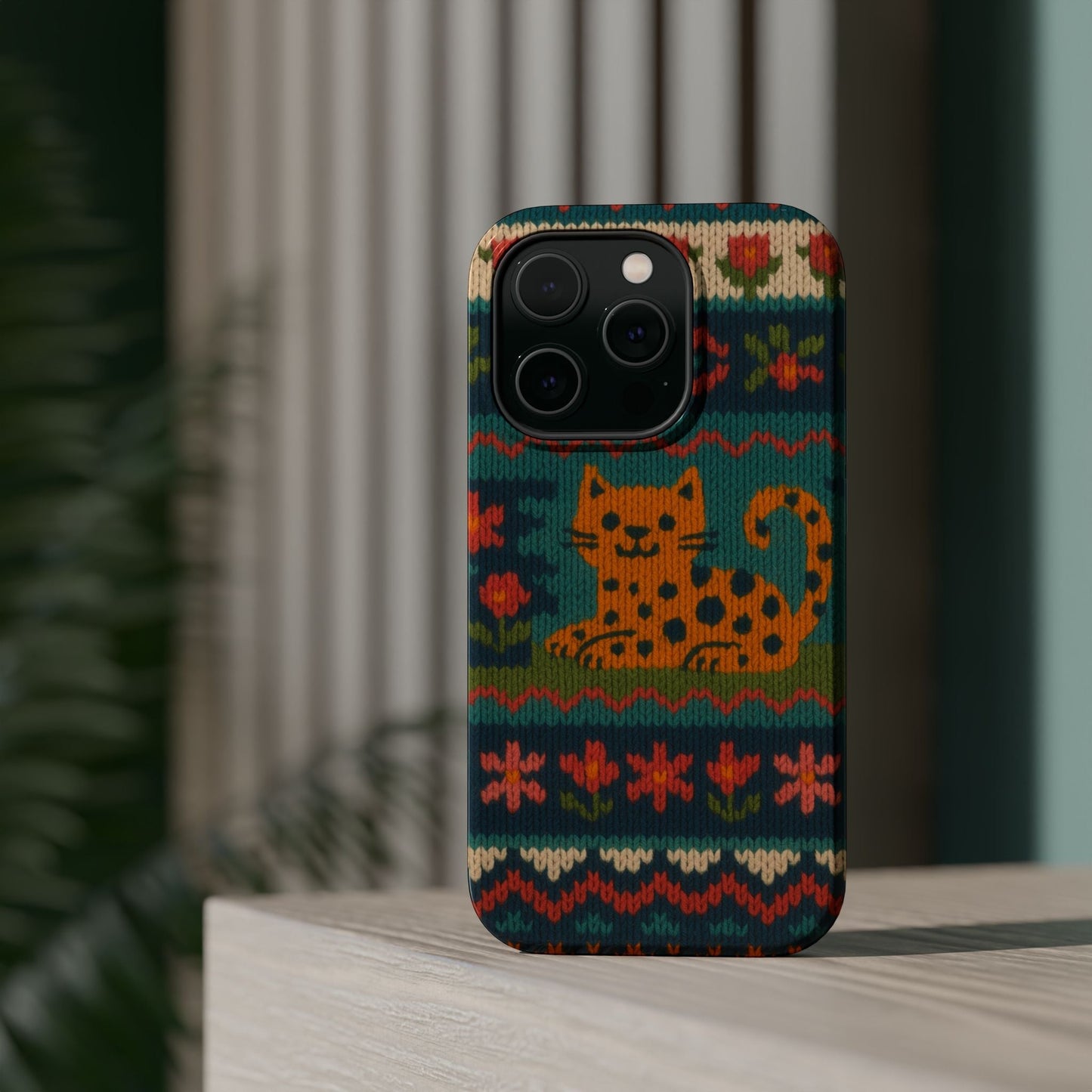 Cozy Knit Leopard Pattern Sweater Holiday Theme iPhone Case with MagSafe compatibility